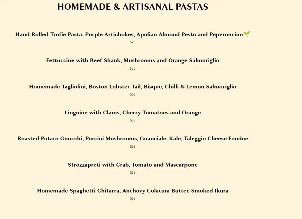 Amo Restaurant Menu Homemade & Artisanal Pastas prices