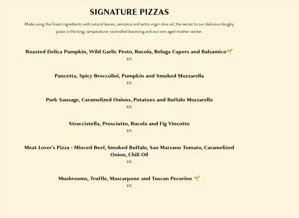 Amo Restaurant Menu Signature Pizzas Prices
