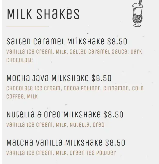 Brio Restaurant Price – Milkshakes prices
