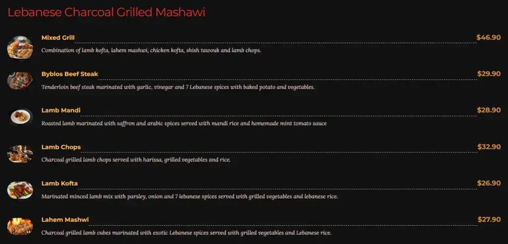 Byblos Grill Menu Lebanese Charcoal Grilled Mashawi prices