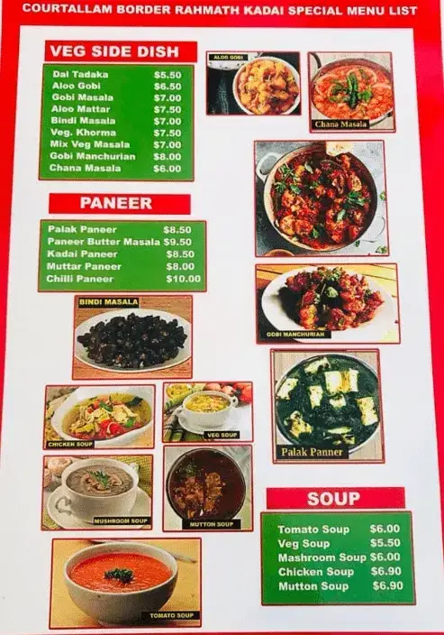 Courtallam Border Rahmath Kadai Menu Paneer Dishes Prices