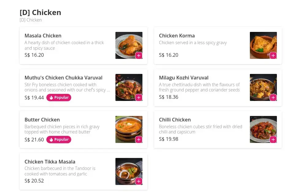 Muthu’s Curry Menu Chicken prices