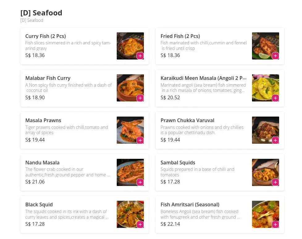 Muthu’s Curry Menu Seafood prices