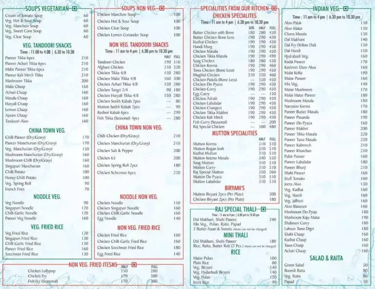 Raj Restaurant Menu Sabji Ki Bahar Prices