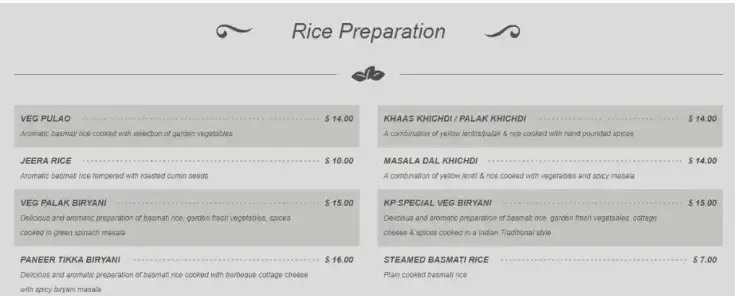 Kailash Parbat Rice Preparation Menu  